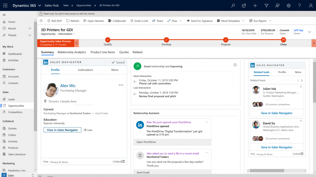 Microsoft Dynamics 365 for Sales screen