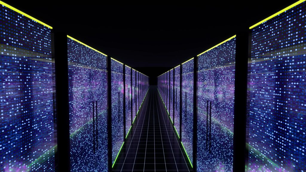 data center server room with neon lights