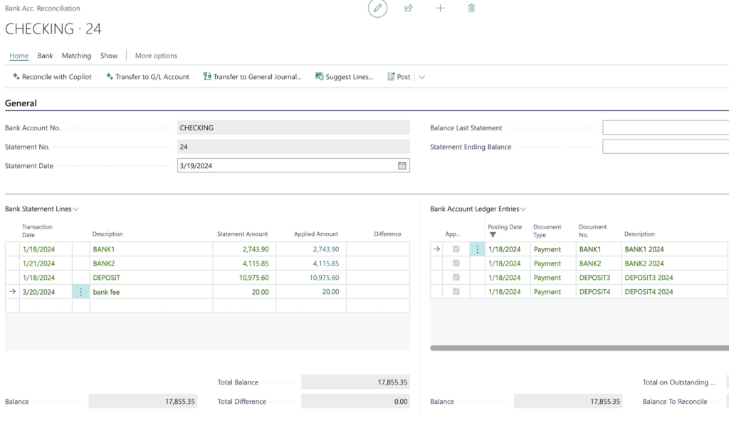 business central results after matching