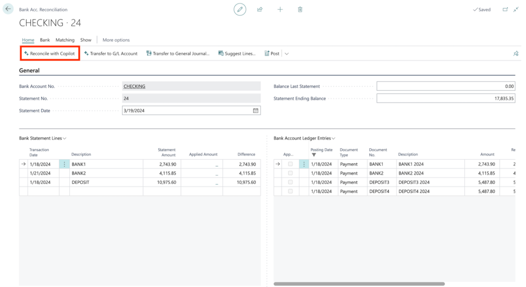 reconcile with copilot bank account
