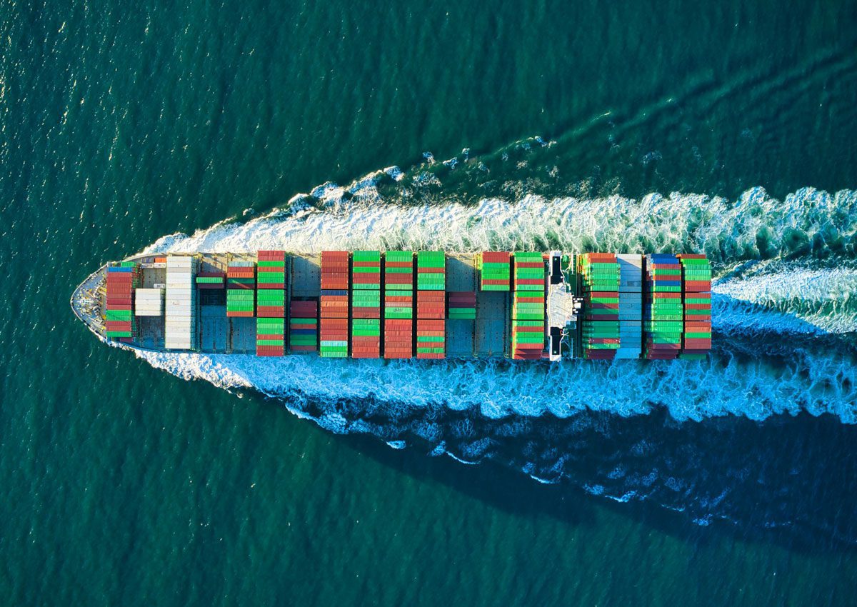 Aerial view of a cargoship at sea