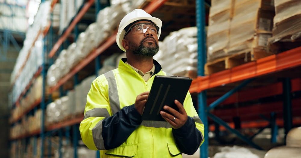 A supply chain manager in a warehouse using a tablet to monitor inventory and supplier data as part of a risk management process.