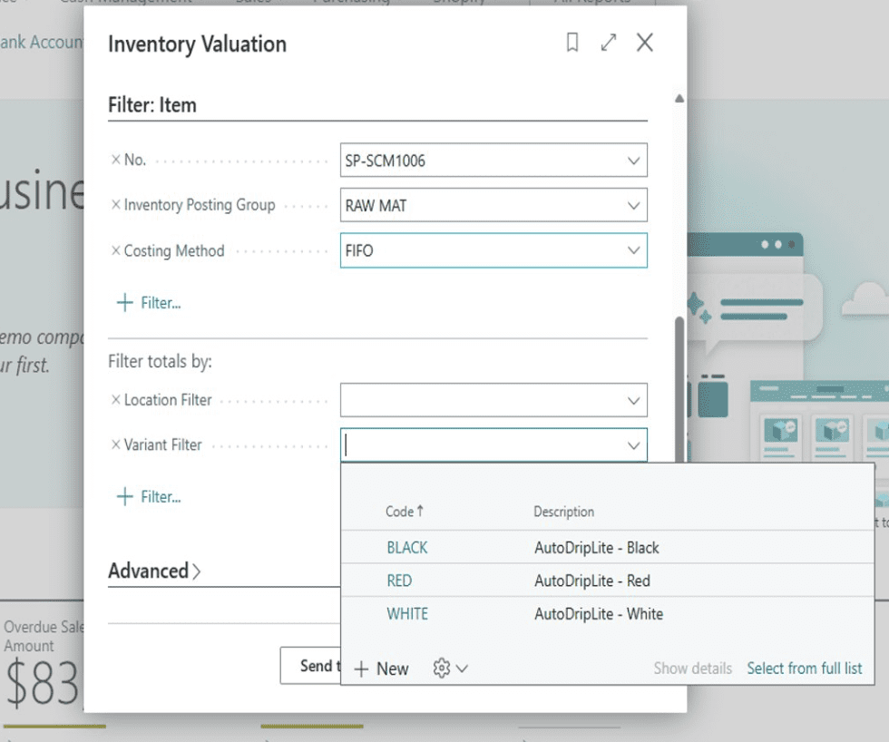 Dynamics 365 Business Central item tracking and inventory valuation screen with variant and location filters