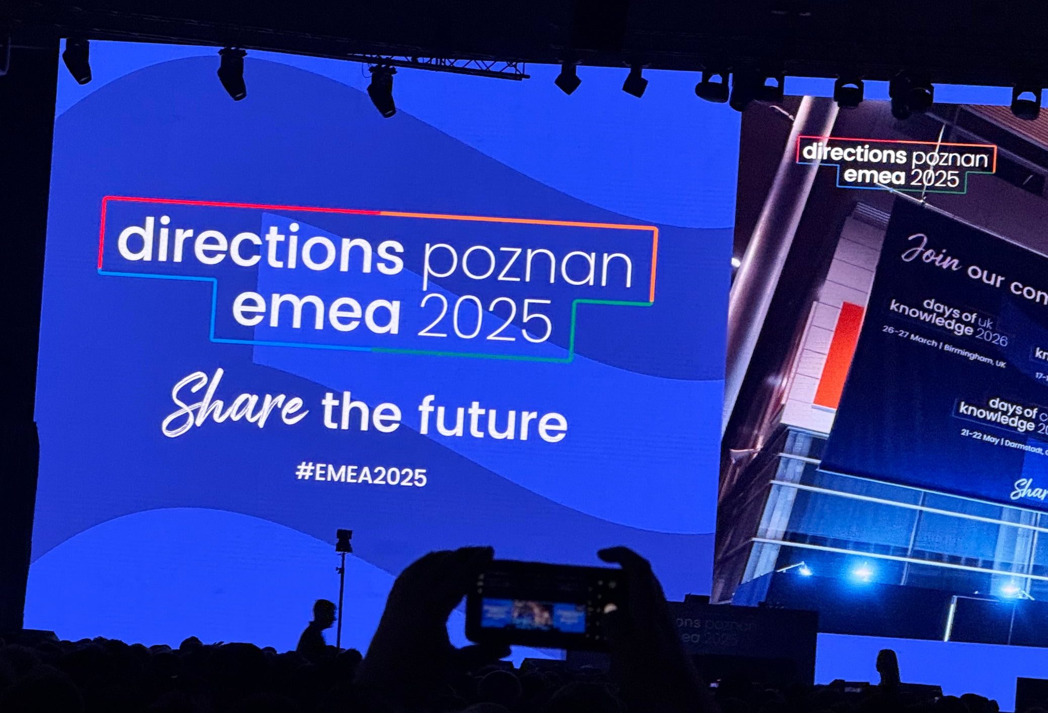 Event welcome screen for Directions EMEA 2025 during the opening session in Poznań