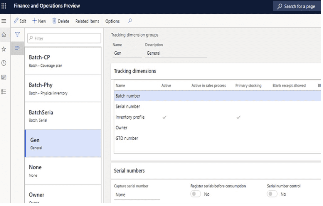 Dynamics 365 Finance and Supply chain management tracking dimension groups showing batch and serial configuration