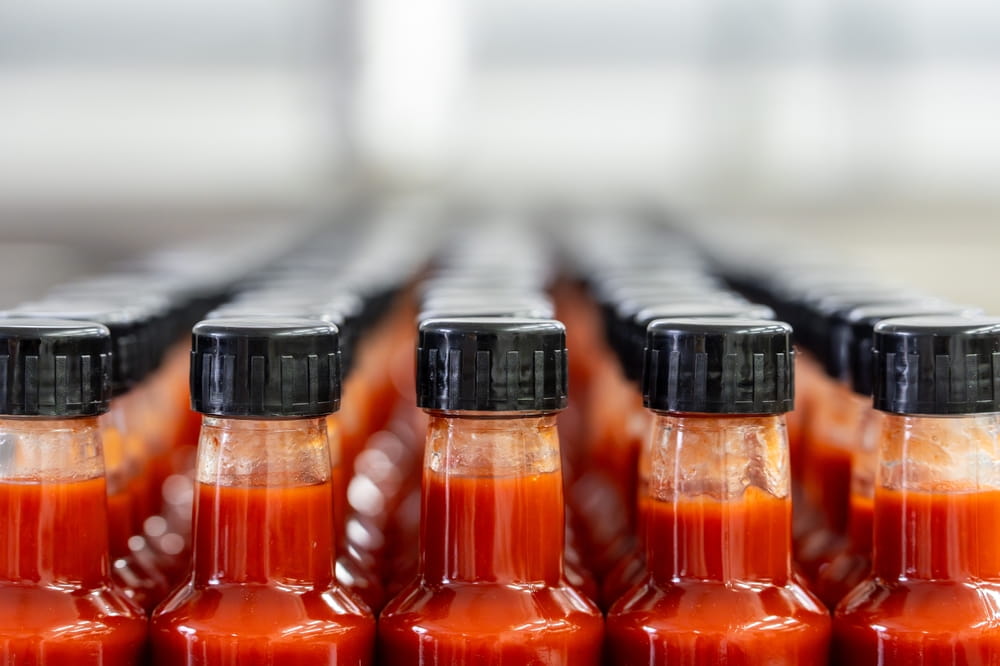 Bottled sauce products on a food manufacturing production line