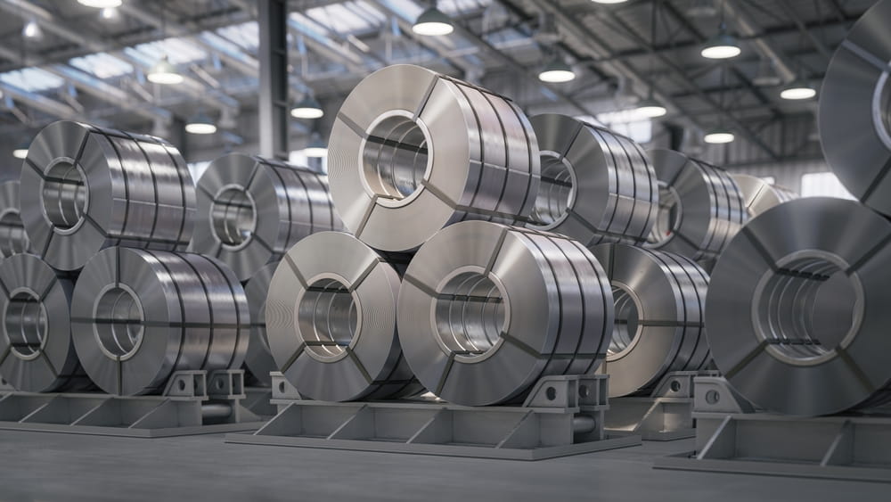 Steel coils stored in an industrial manufacturing facility