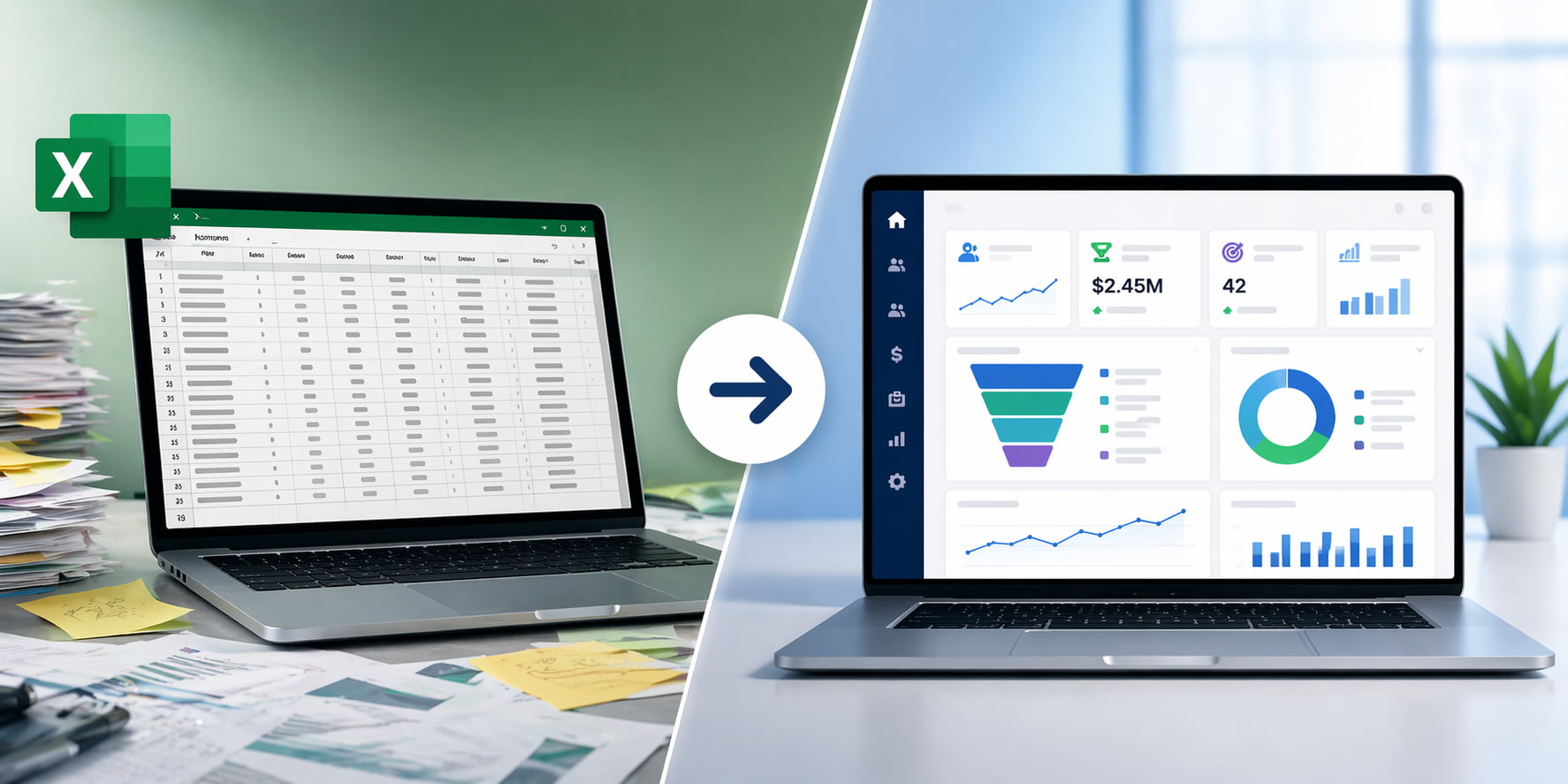 Excel spreadsheet vs CRM dashboard showing transition from manual tracking to sales pipeline visibility