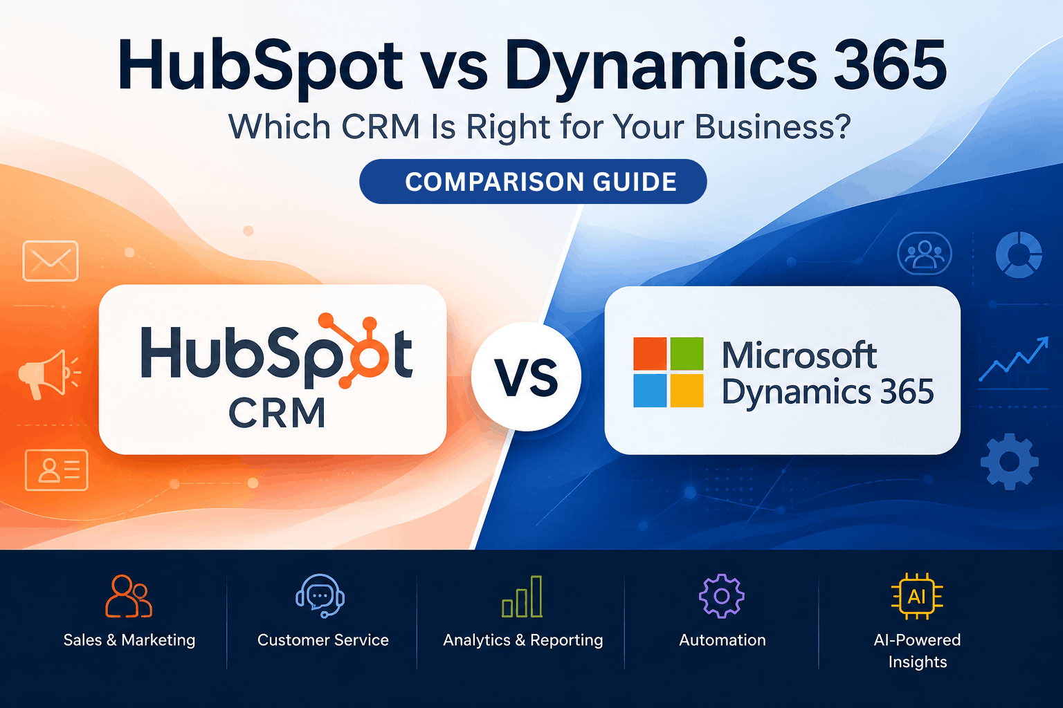 HubSpot vs Microsoft Dynamics 365 CRM comparison guide highlighting sales, customer service, analytics, automation, and AI capabilities.